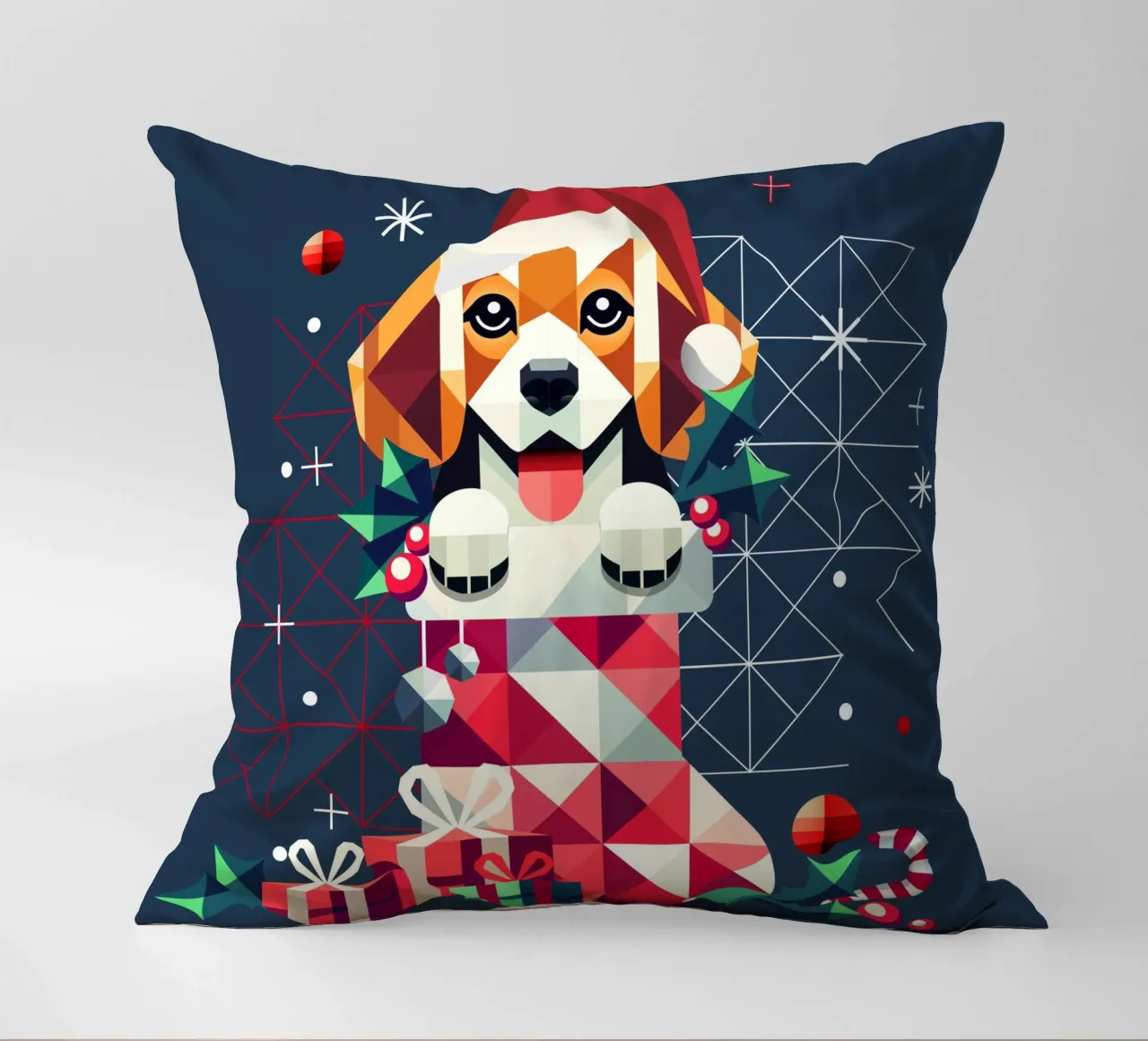 Beagle in una calza di Natale - Disegno geometrico festivo cuscino da namosh