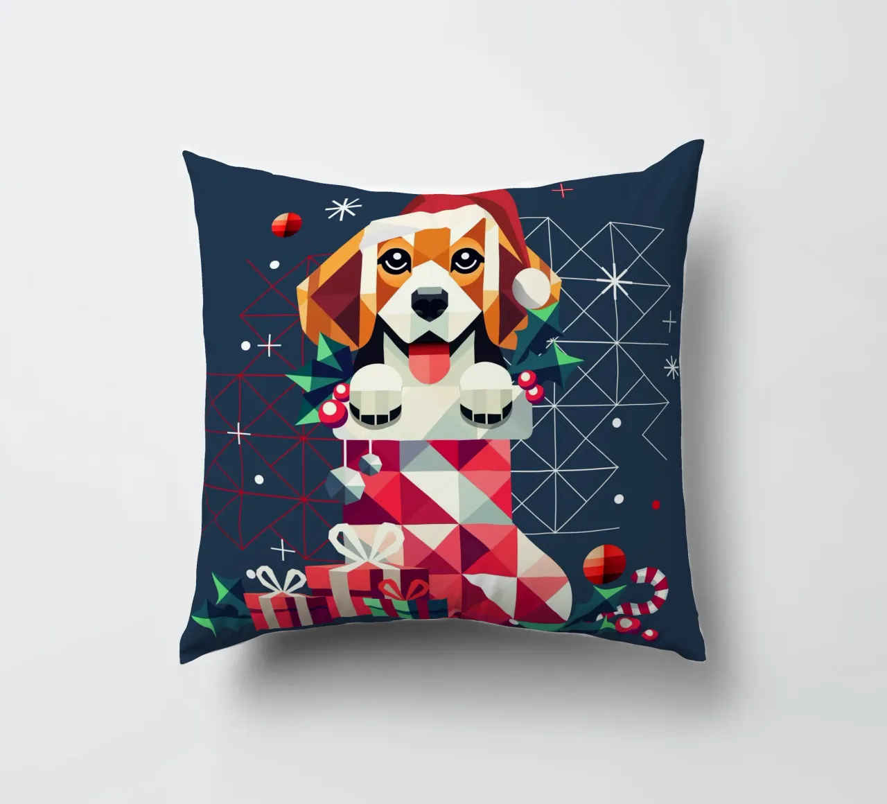 Beagle in una calza di Natale - Disegno geometrico festivo cuscino da namosh