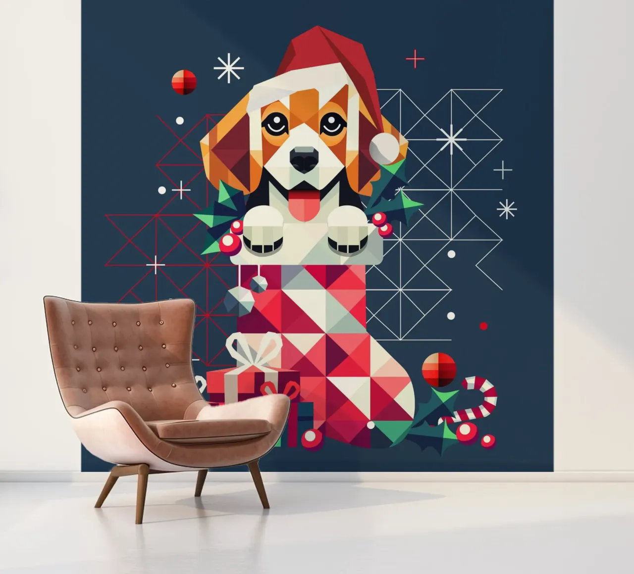 Beagle en un calcetín de Navidad-Diseño geométrico festivo papel para pared de namosh