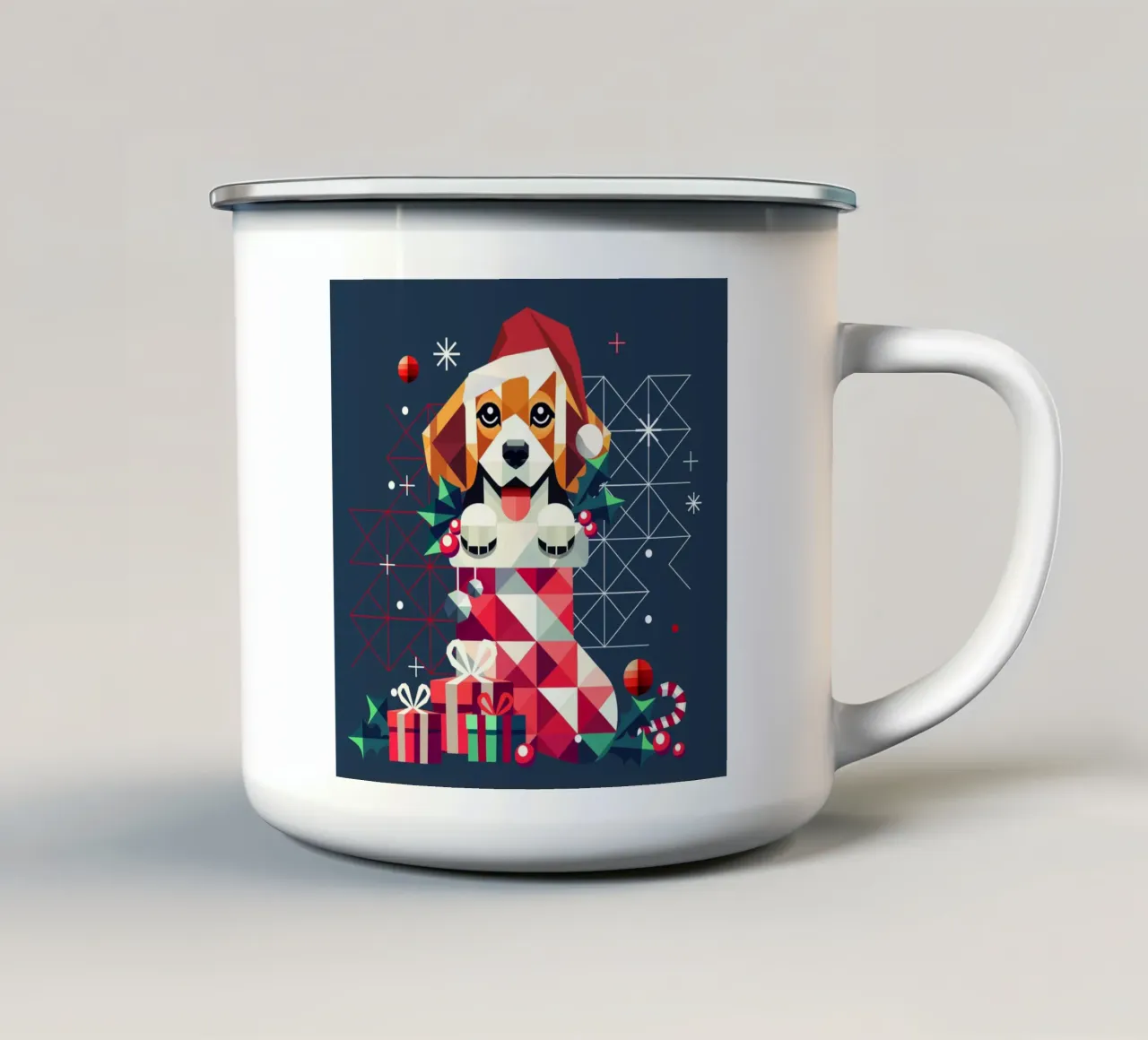 Beagle in una calza di Natale - Disegno geometrico festivo tazza in smalto da namosh