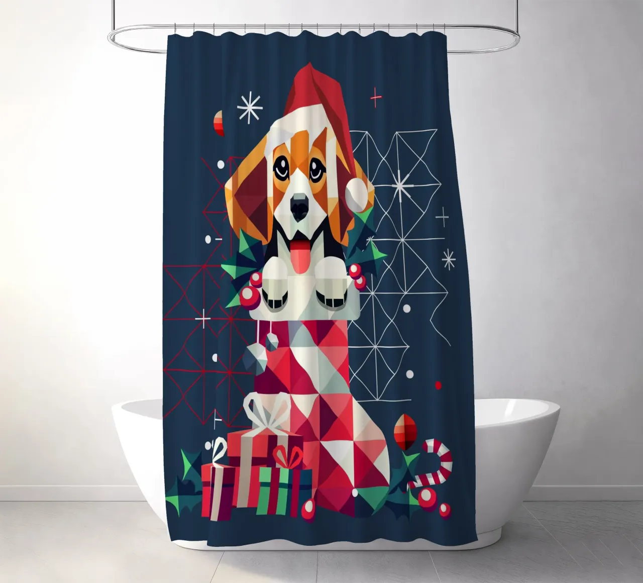 Beagle in a Christmas stocking-Festive geometric design shower curtain by namosh