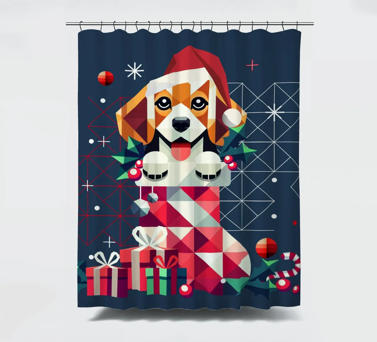 Beagle in a Christmas stocking-Festive geometric design shower curtain by namosh
