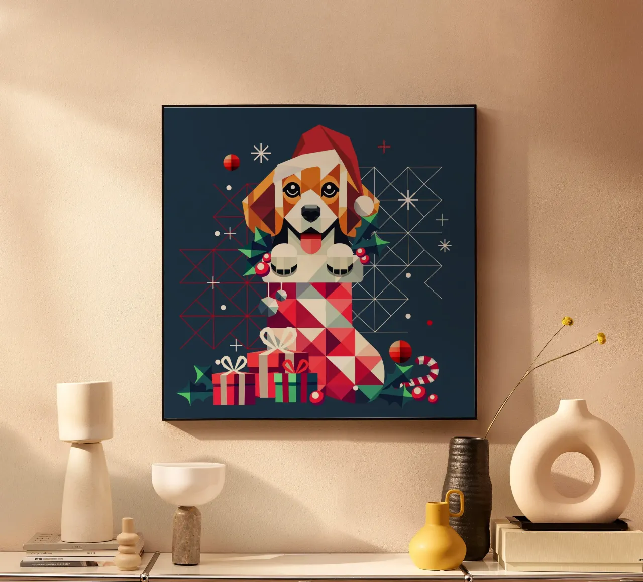 Beagle en un calcetín de Navidad-Diseño geométrico festivo metacrilato de namosh