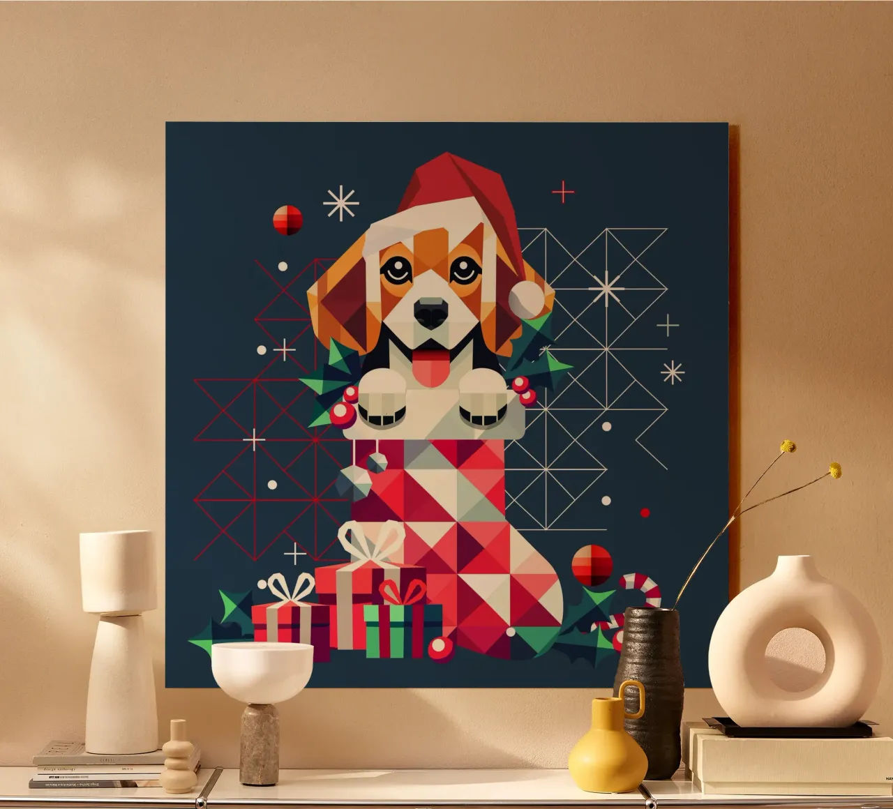 Beagle en un calcetín de Navidad-Diseño geométrico festivo aluminio dibond de namosh