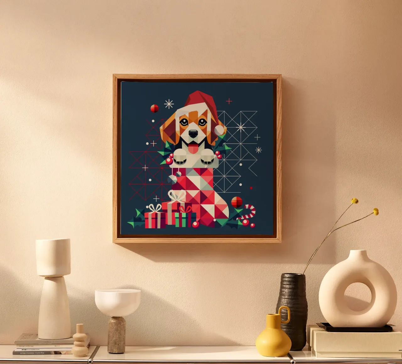 Beagle in een kerstsok - Feestelijk geometrisch ontwerp canvas van namosh