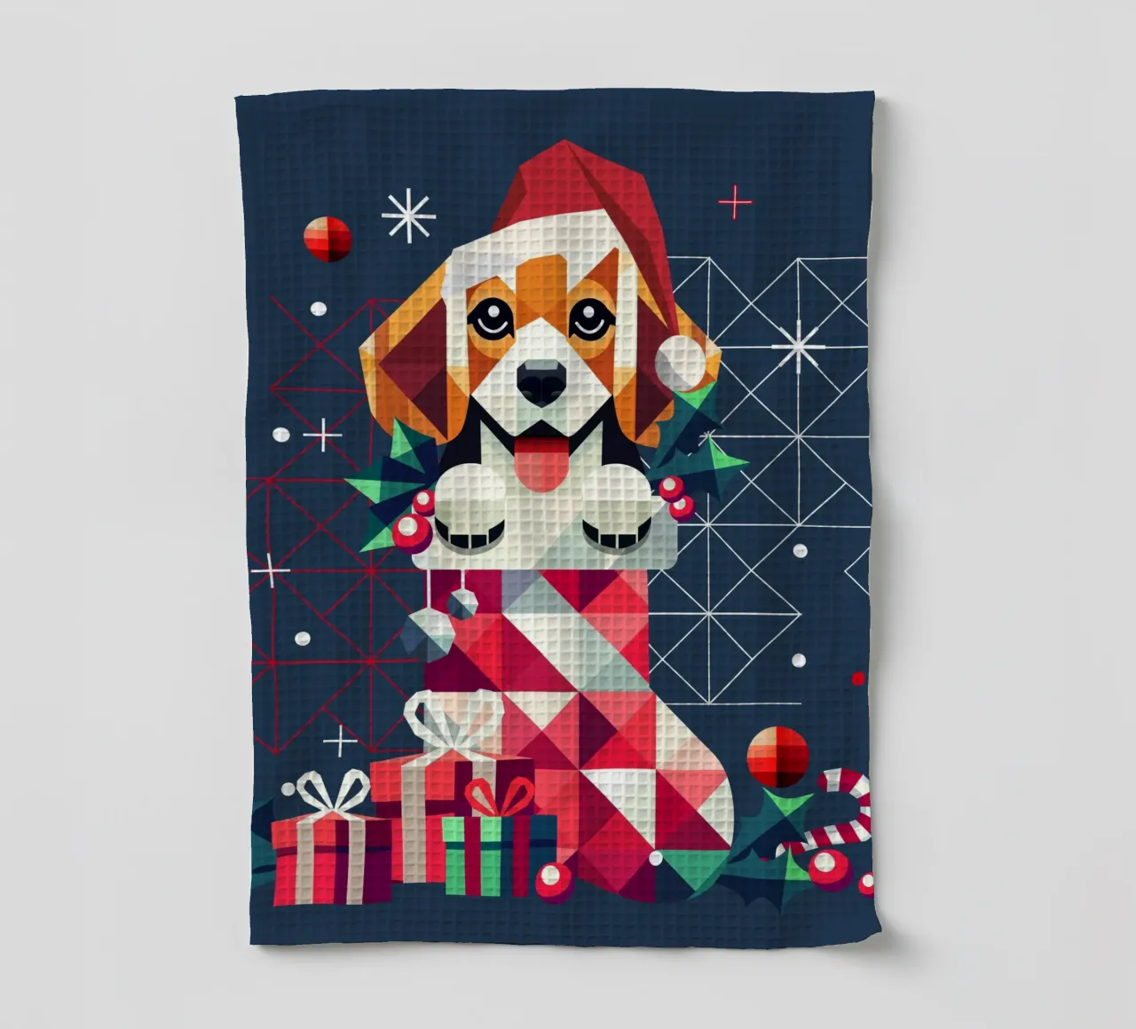 Beagle en un calcetín de Navidad-Diseño geométrico festivo paño de cocina de namosh