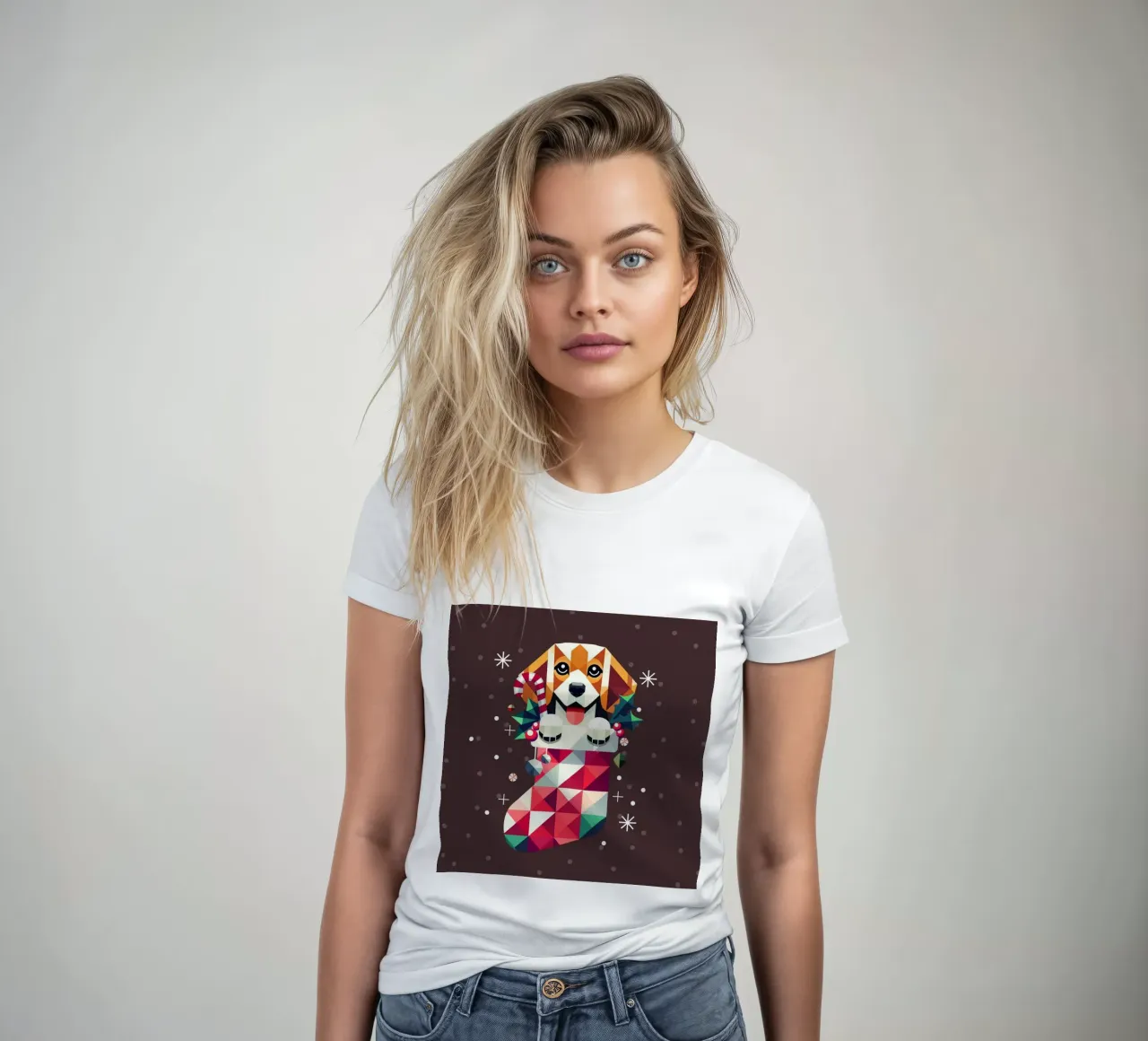 Beagle in a Christmas stocking-Festive geometric design women's fitted t-shirt by namosh