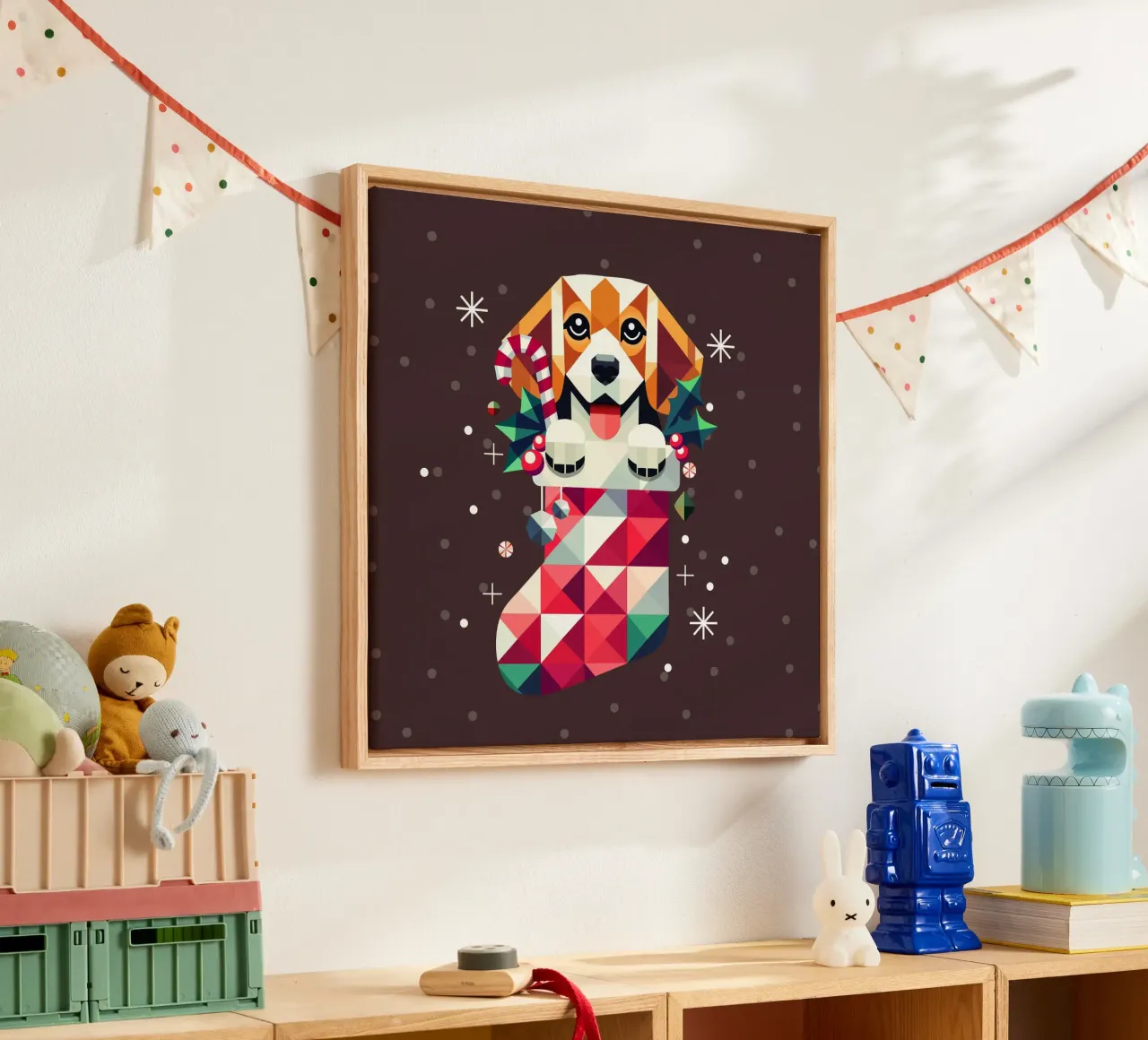 Beagle in een kerstsok - Feestelijk geometrisch ontwerp canvas van namosh