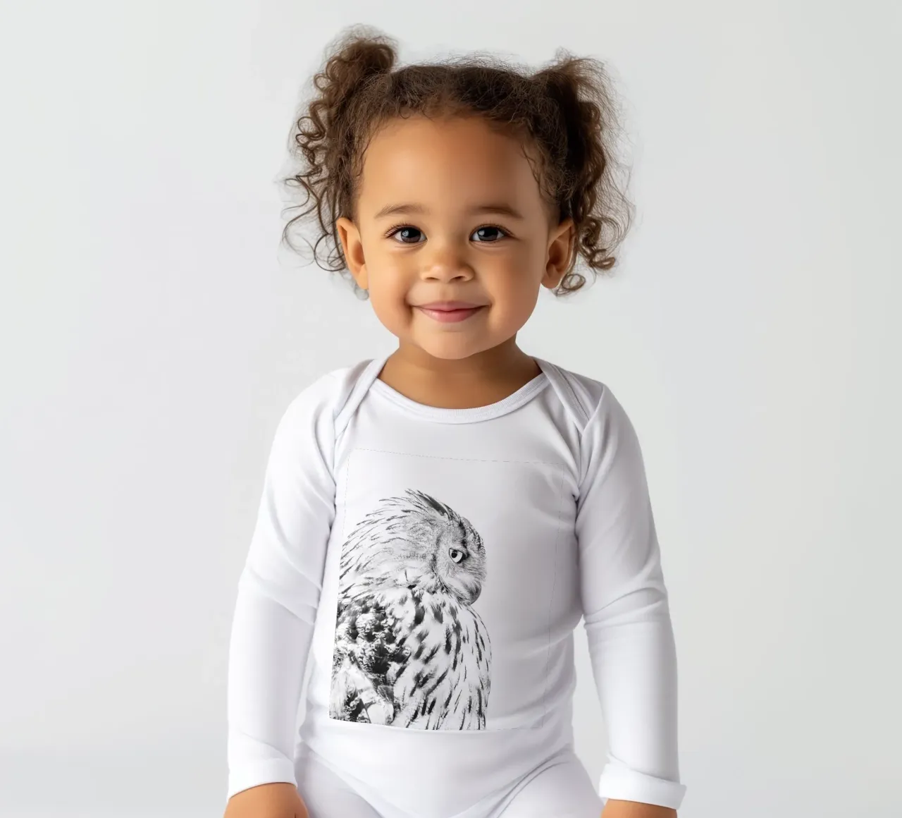 Portrait stylé d'une chouette en noir et blanc body manches longues de Whole©