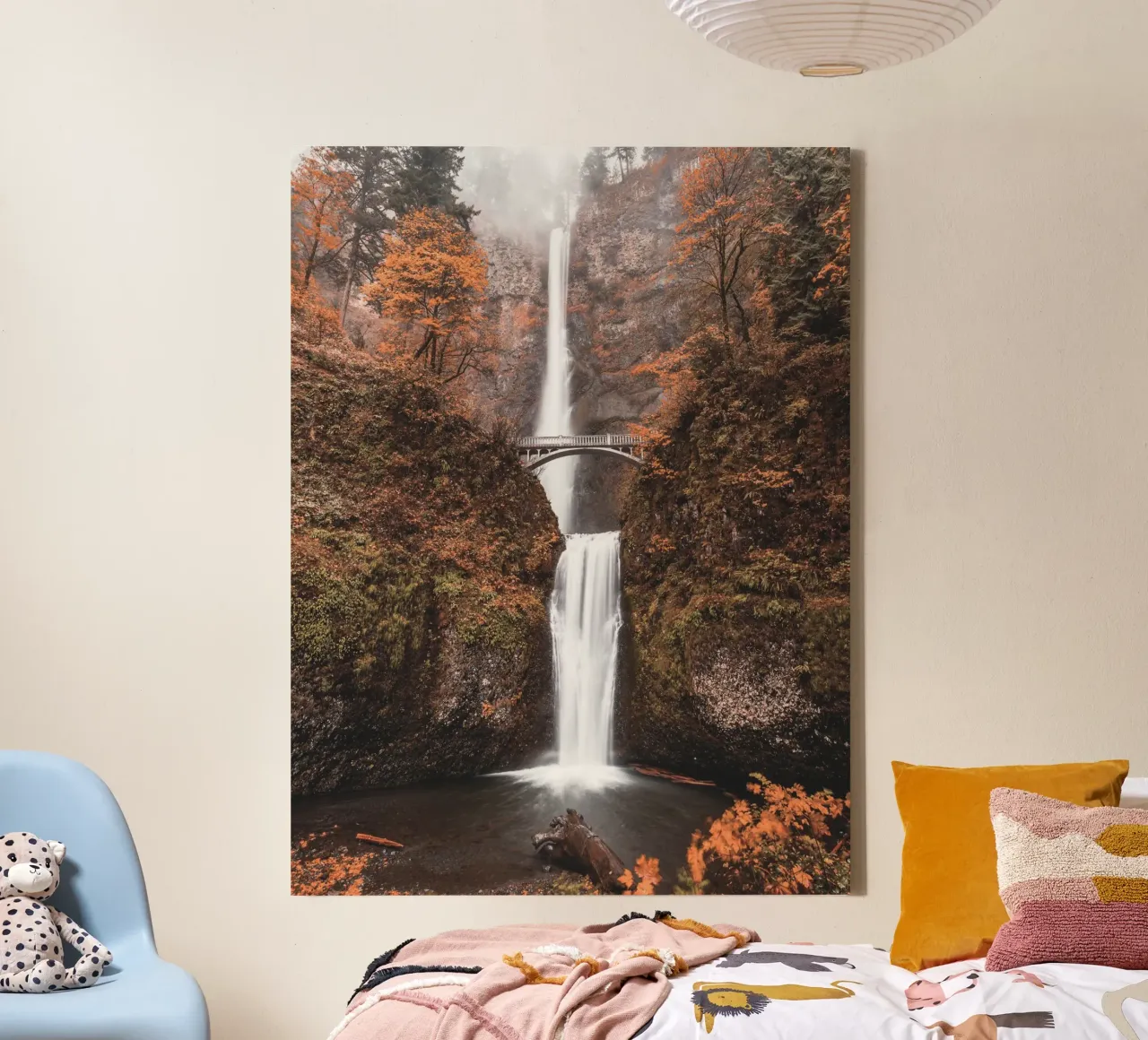 Autumnal waterfall with vintage-style bridge canvas with Floater frame by Whole©