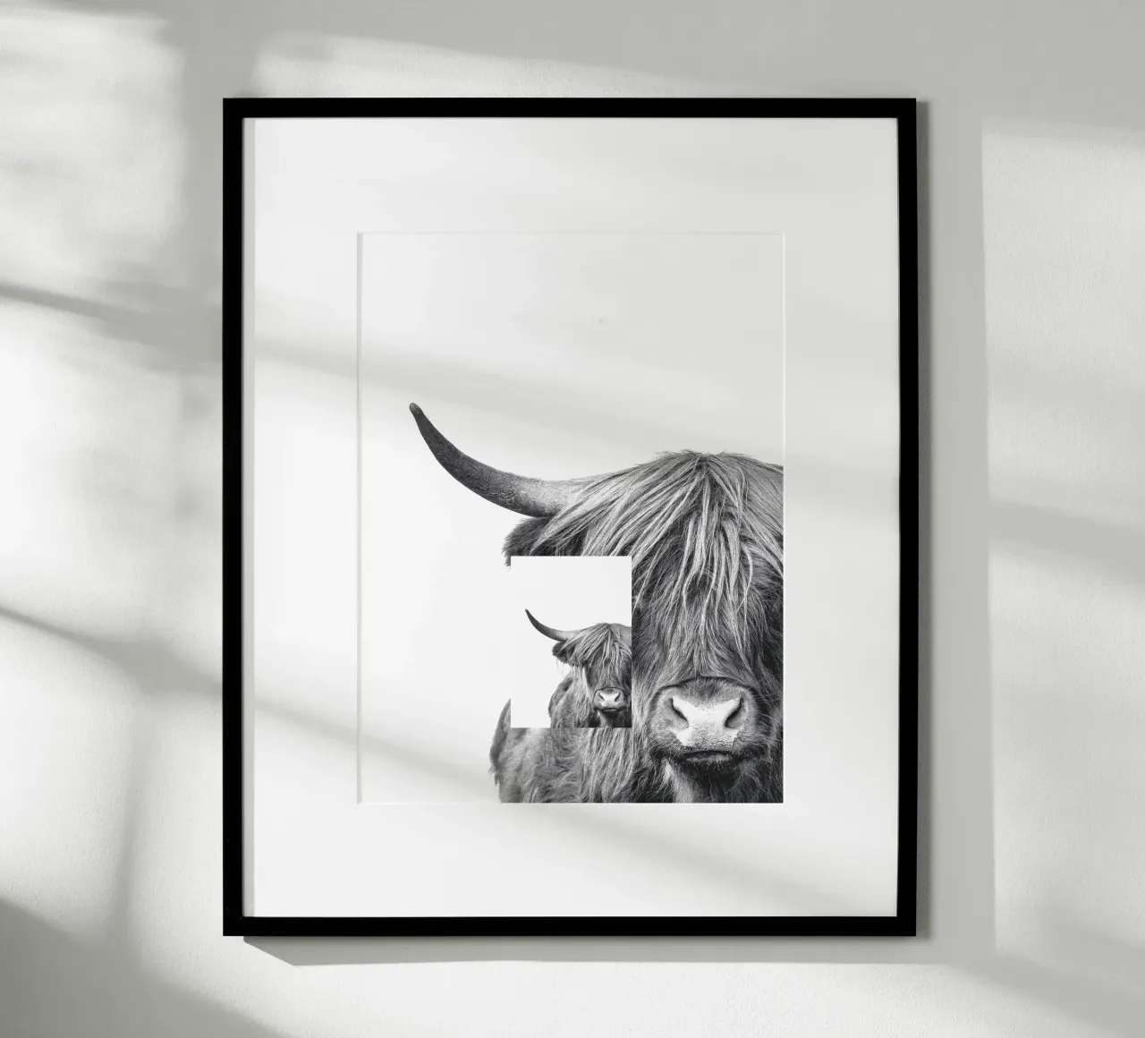 Disegno monocromatico di una mucca delle Highlands - Murale elegante poster con telaio in alluminio da Whole©