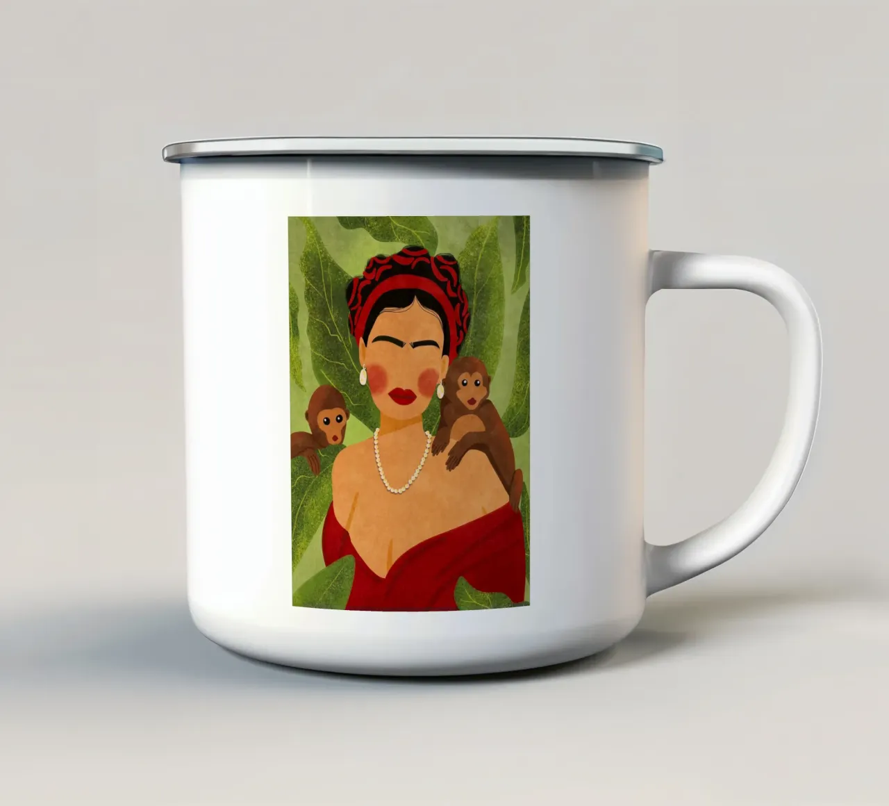 Frida & Monkeys tazza in smalto da Illustration Raissa Oltmanns