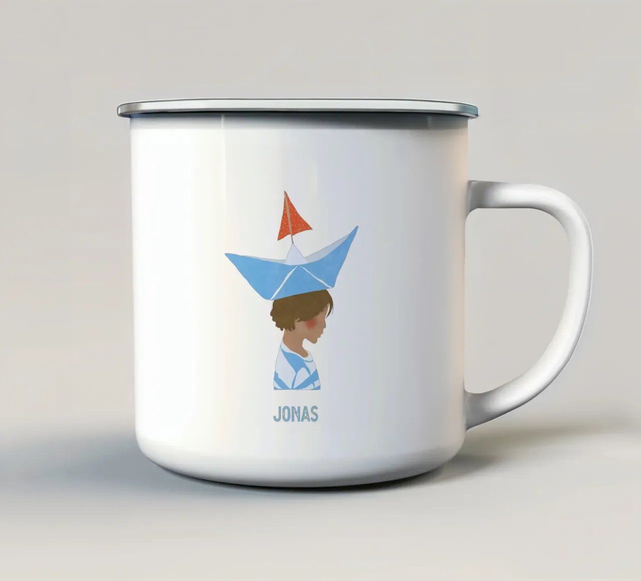 Junge mit Boot enamel mug by Illustration Raissa Oltmanns