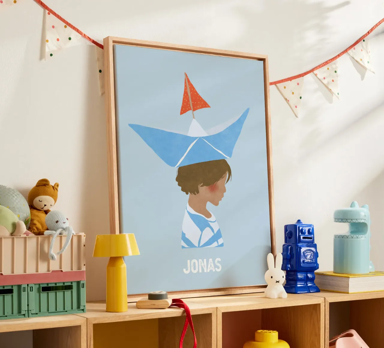 Junge mit Boot tela con Cornice a cassetta da Illustration Raissa Oltmanns