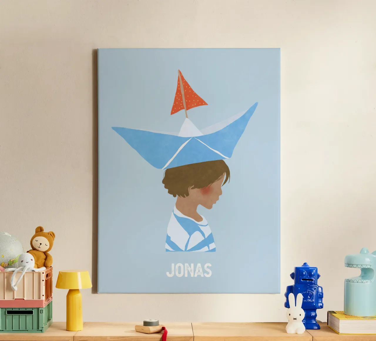 Junge mit Boot tela con Cornice a cassetta da Illustration Raissa Oltmanns