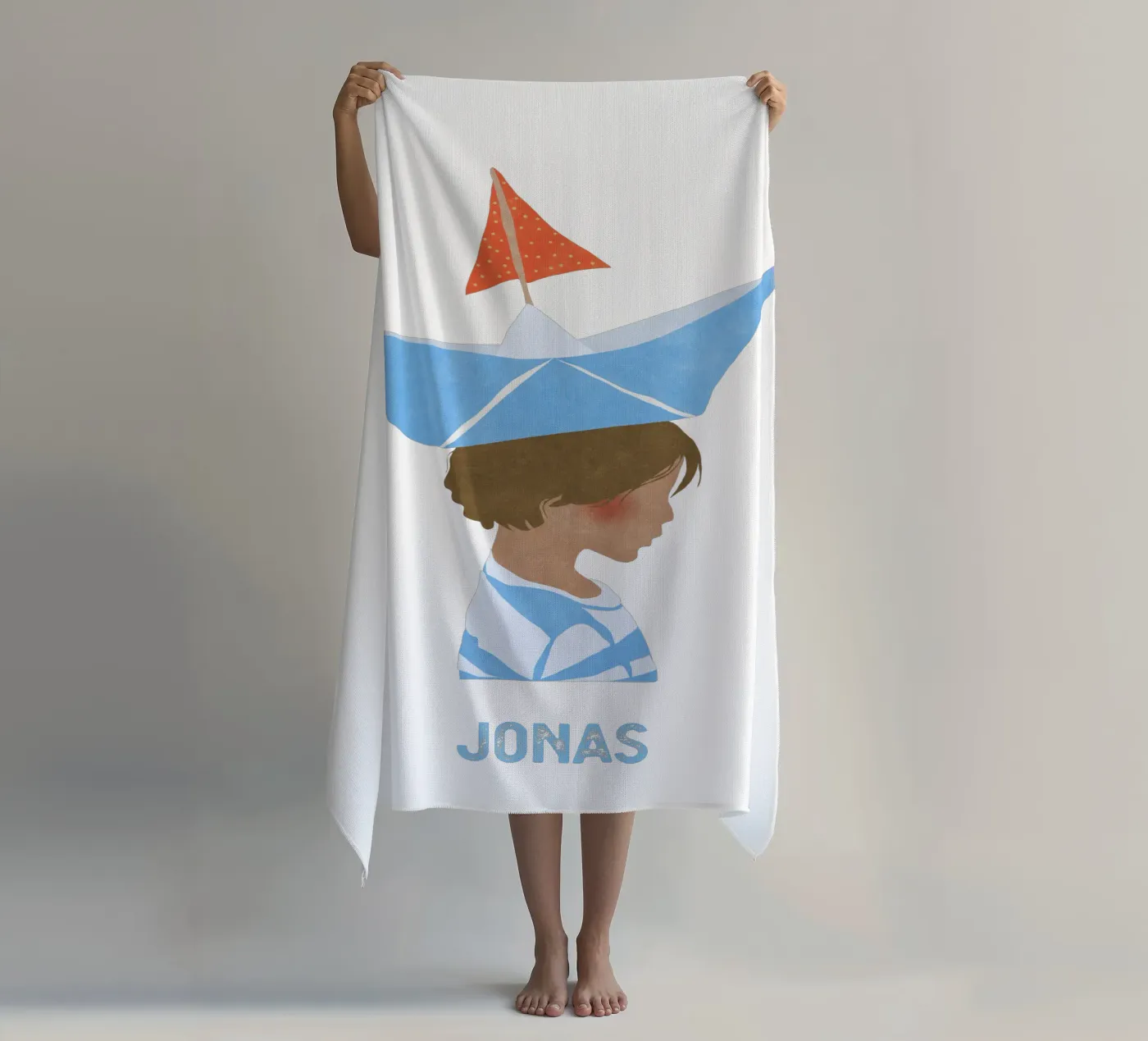 Junge mit Boot strandhanddoek van Illustration Raissa Oltmanns