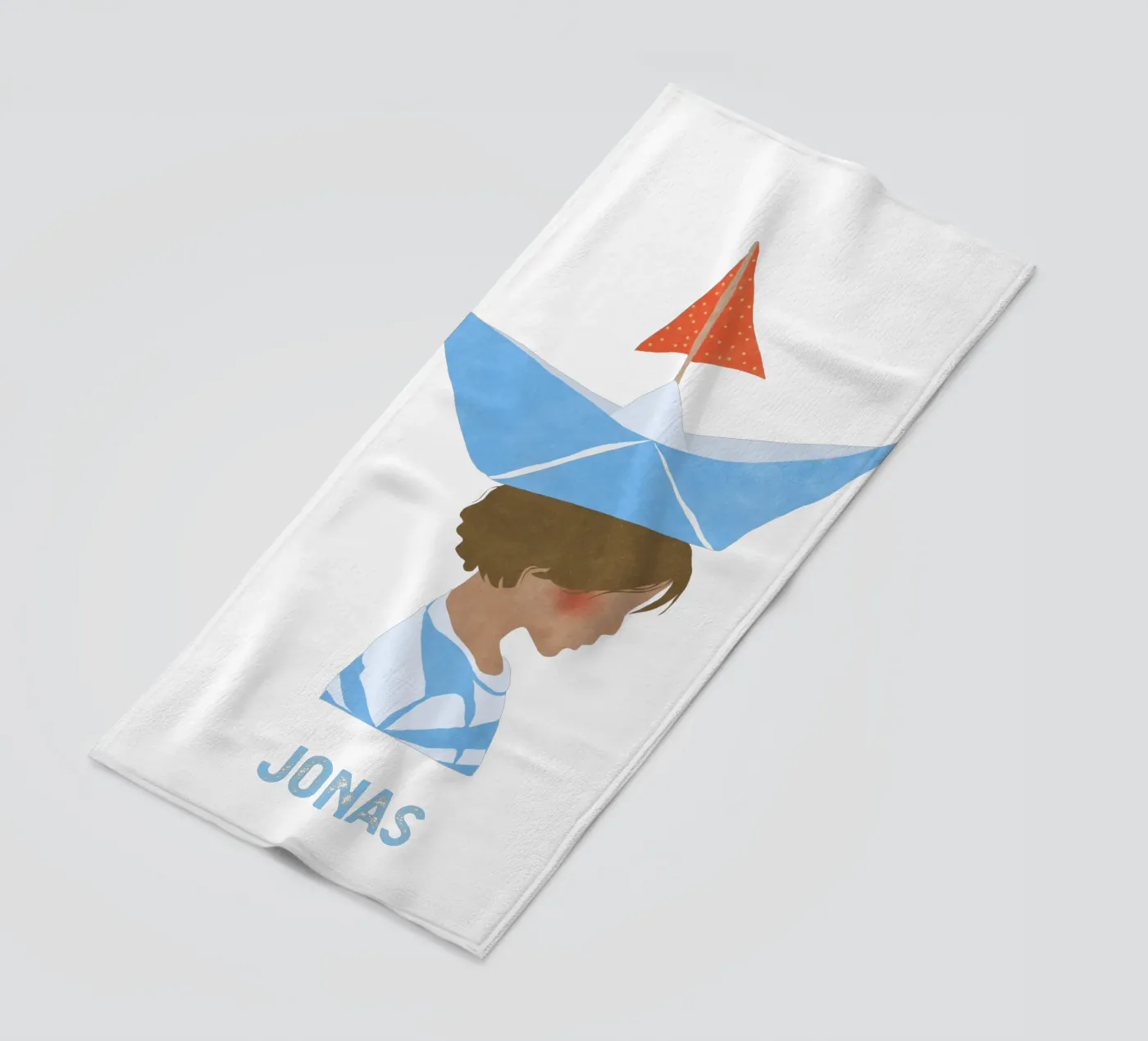 Junge mit Boot strandhanddoek van Illustration Raissa Oltmanns