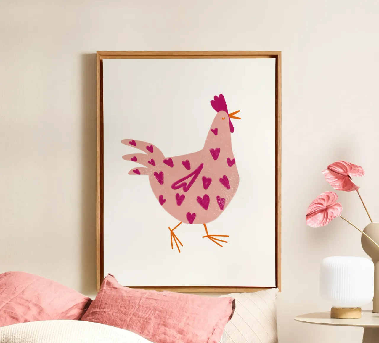 Simpatico pollo rosa con cuori tela con Cornice a cassetta da Illustration Raissa Oltmanns