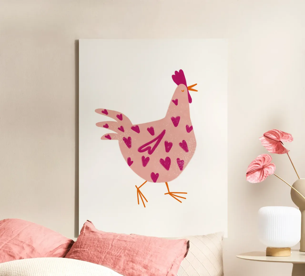 Simpatico pollo rosa con cuori tela con Cornice a cassetta da Illustration Raissa Oltmanns