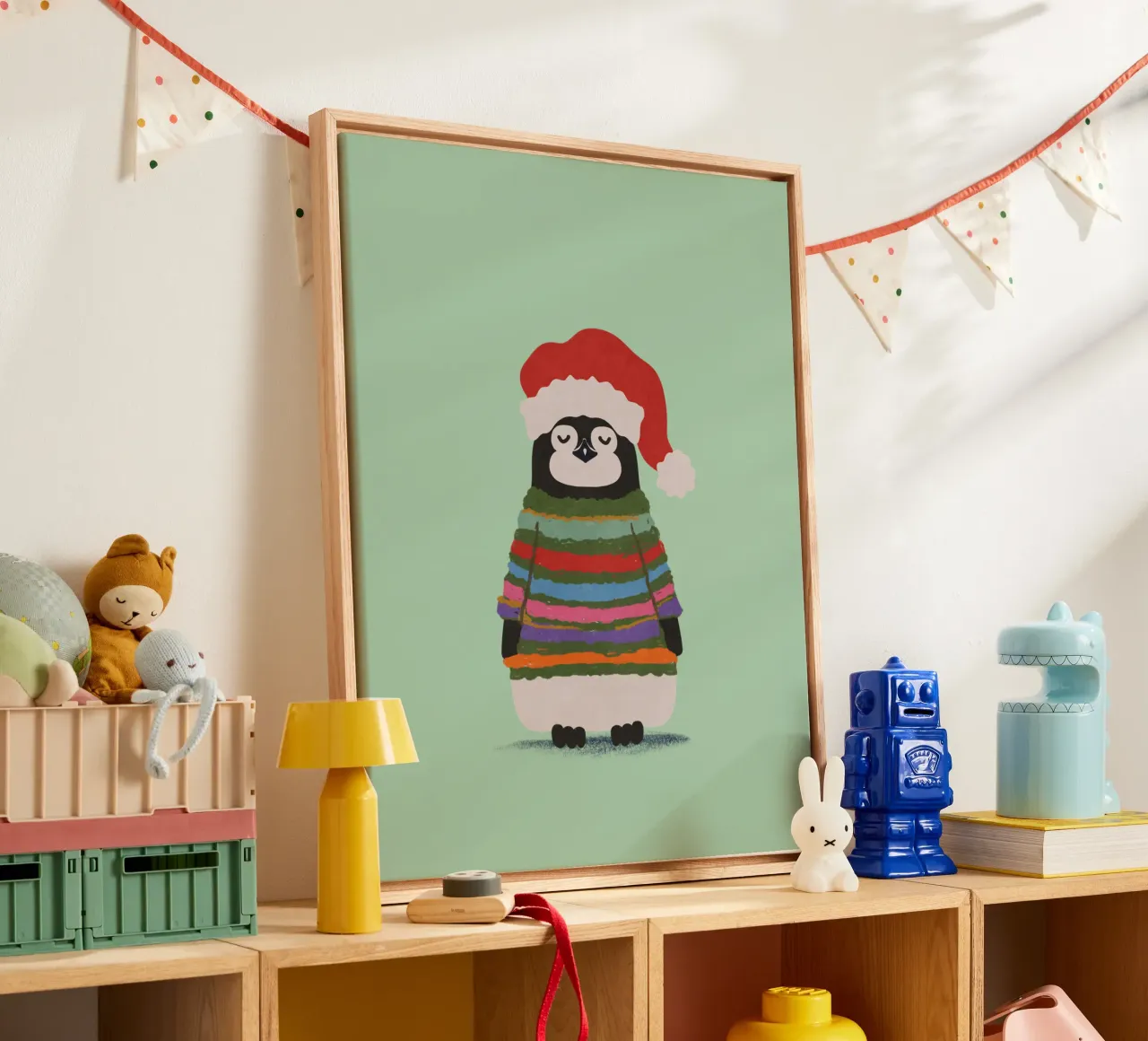 Weihnachtspinguin in Wollpullover tela con Cornice a cassetta da Illustration Raissa Oltmanns