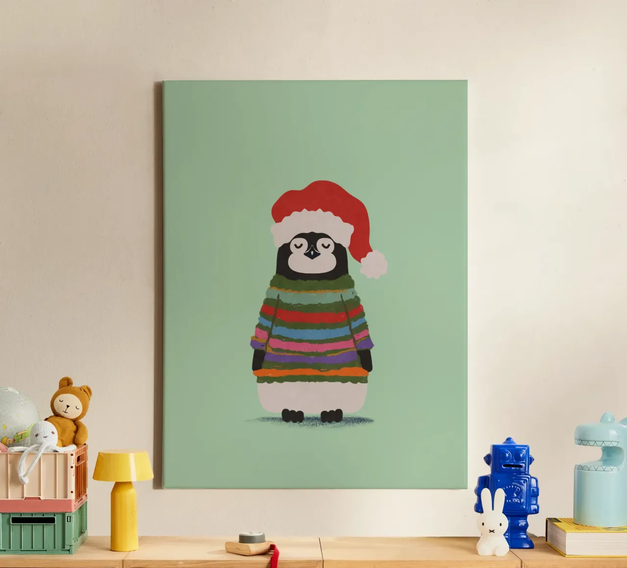Weihnachtspinguin in Wollpullover tela con Cornice a cassetta da Illustration Raissa Oltmanns