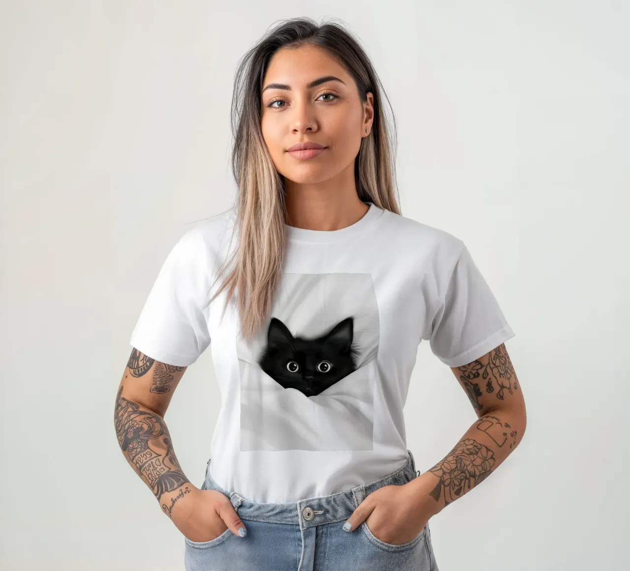 Un piccolo gatto nero in un letto bianco t-shirt da Autofocus