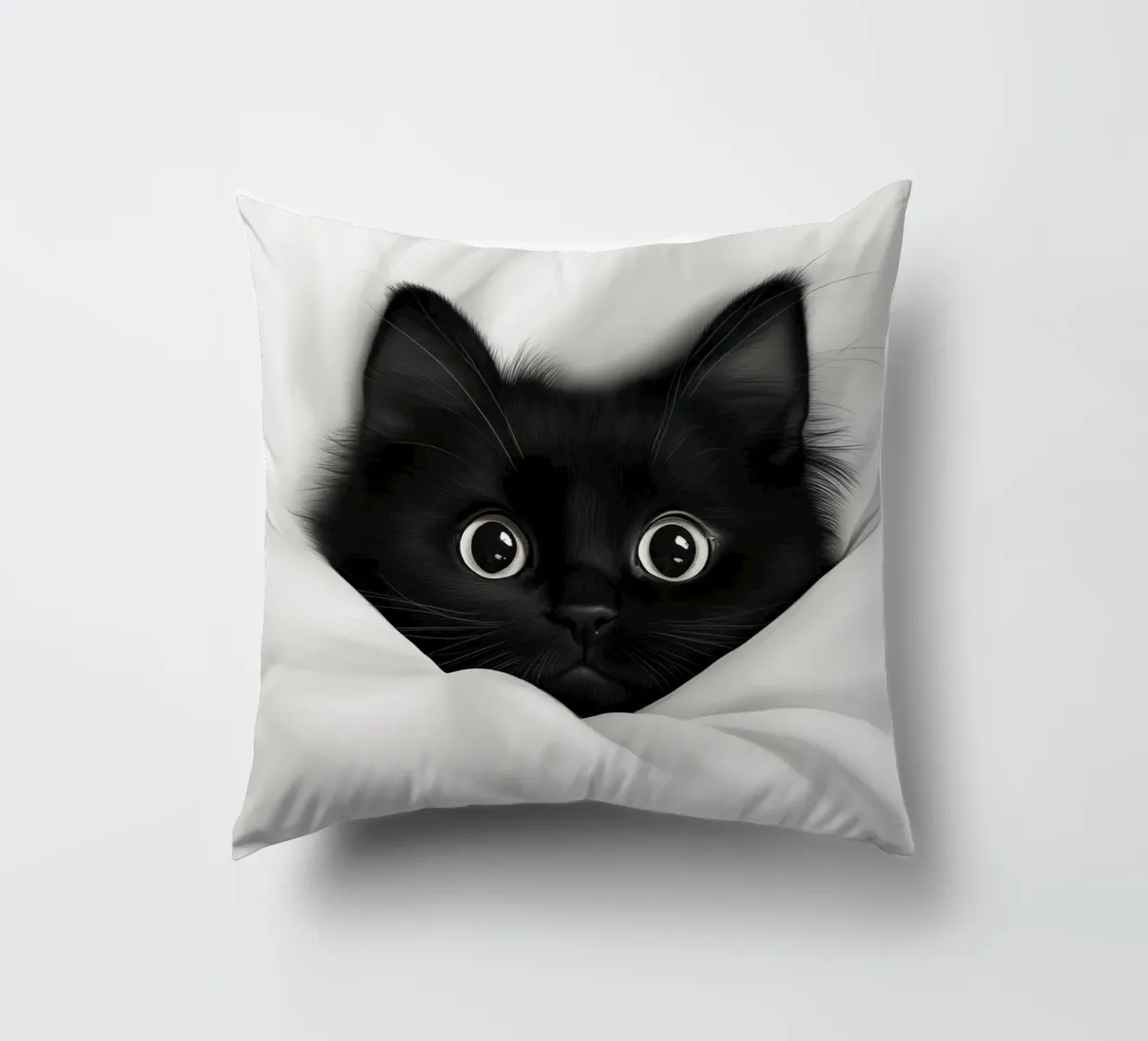 Un piccolo gatto nero in un letto bianco cuscino da Autofocus