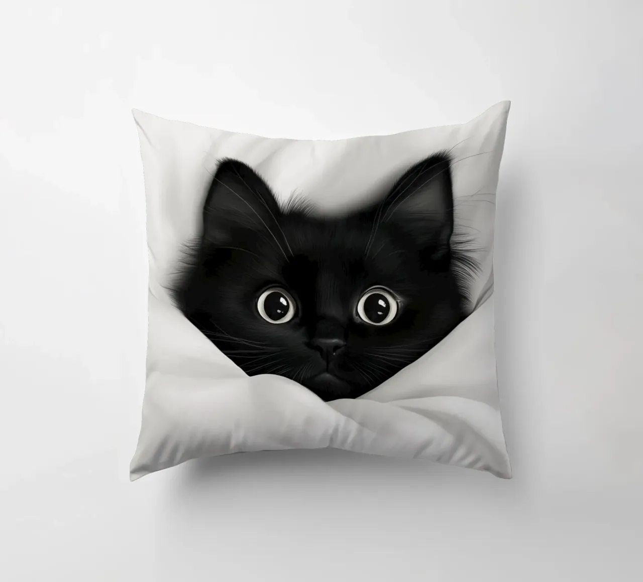 Un piccolo gatto nero in un letto bianco cuscino da Autofocus