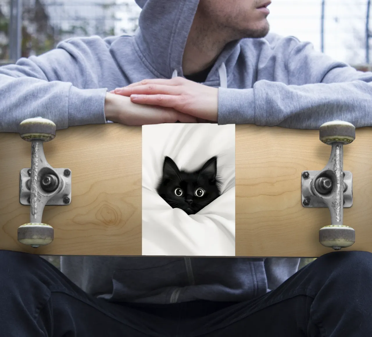 Un piccolo gatto nero in un letto bianco adesivo da Autofocus