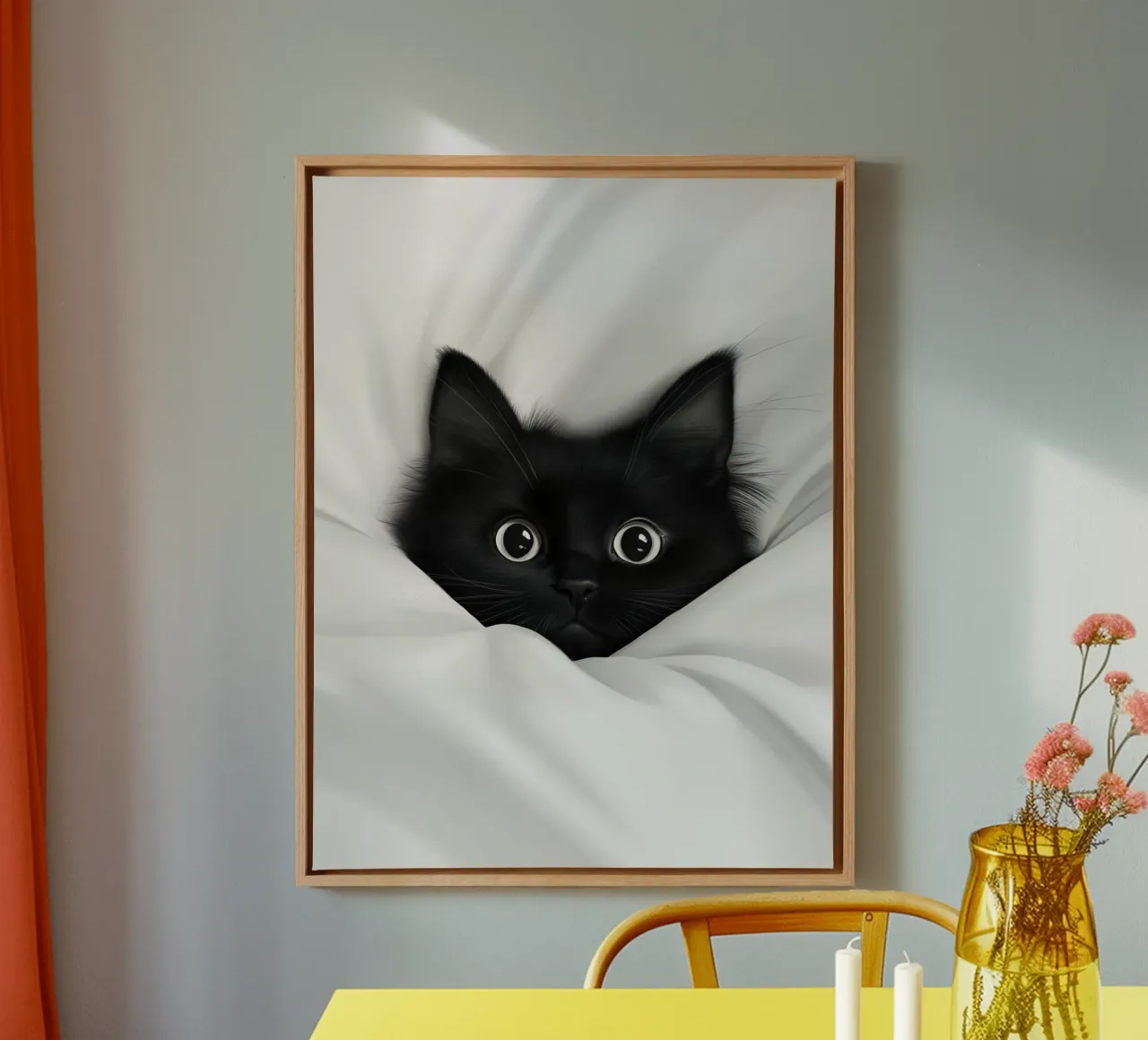 Un piccolo gatto nero in un letto bianco tela con Cornice a cassetta da Autofocus