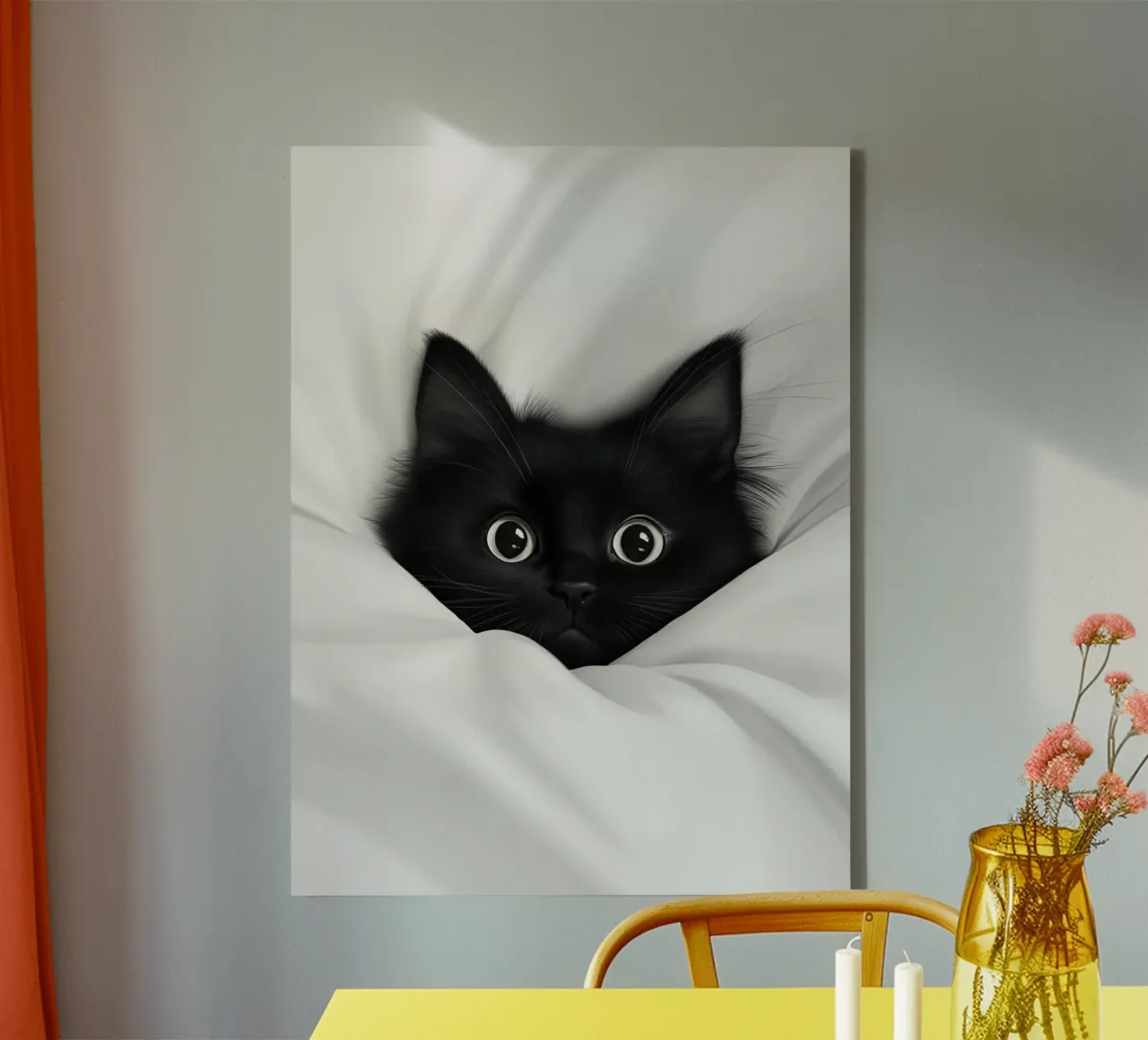 Un piccolo gatto nero in un letto bianco tela con Cornice a cassetta da Autofocus