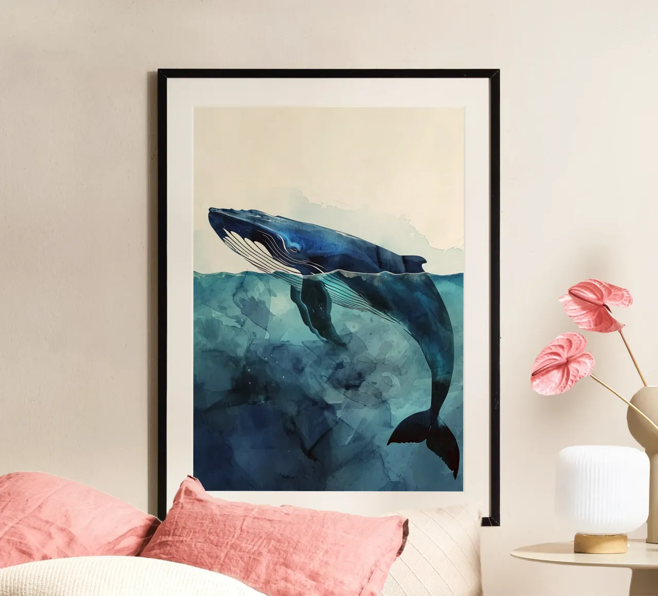 Vita oceanica delle balene poster con telaio in alluminio da Justyna Jaszke JBJart