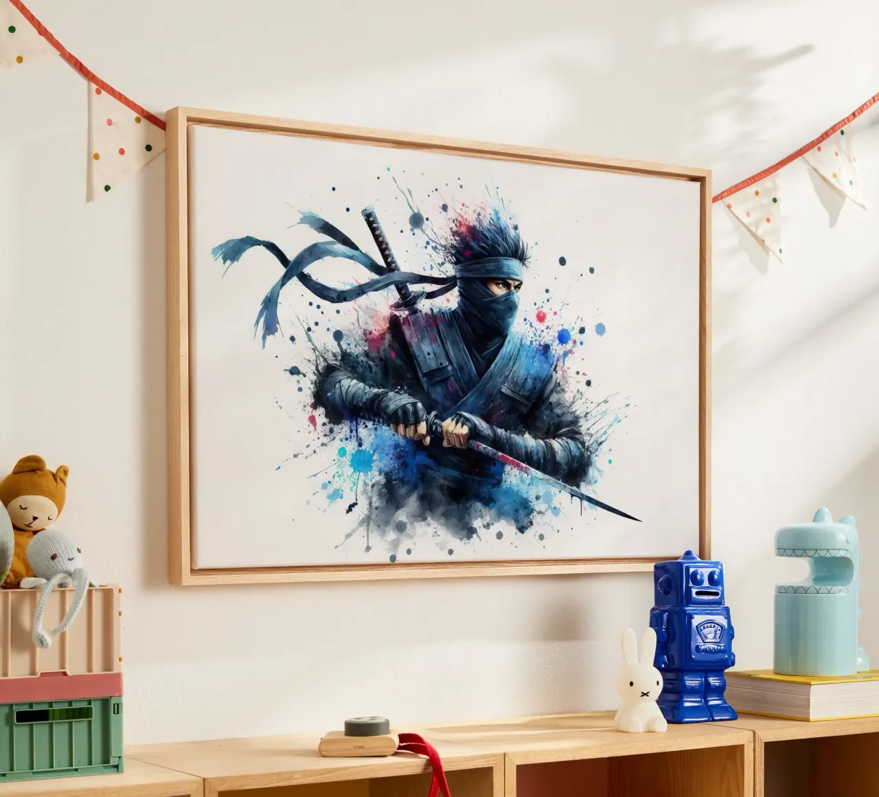 Ninja krijger in aquarel canvas met Baklijst van 🎁 ARTVI-SHOP
