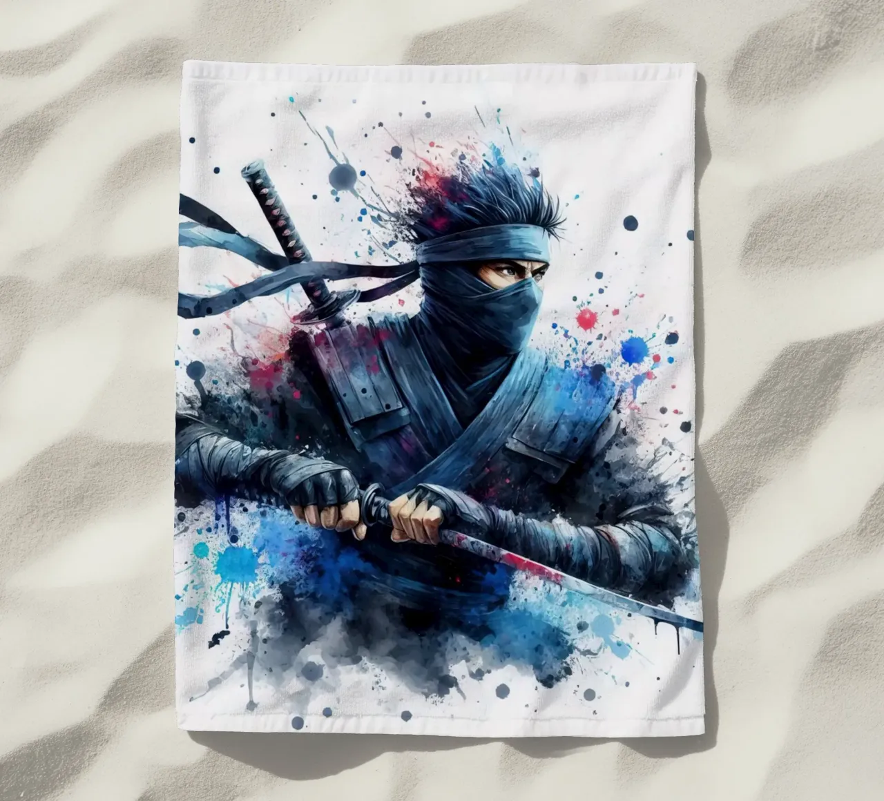 Ninja warrior in watercolor beach towel by 🎁 ARTVI-SHOP