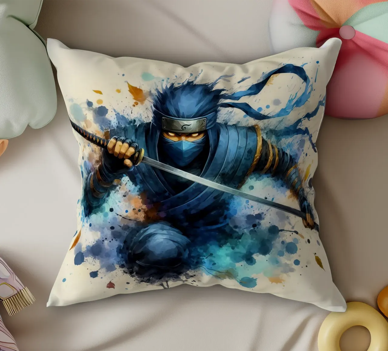 Guerriero ninja in acquerello cuscino da 🎁 ARTVI-SHOP