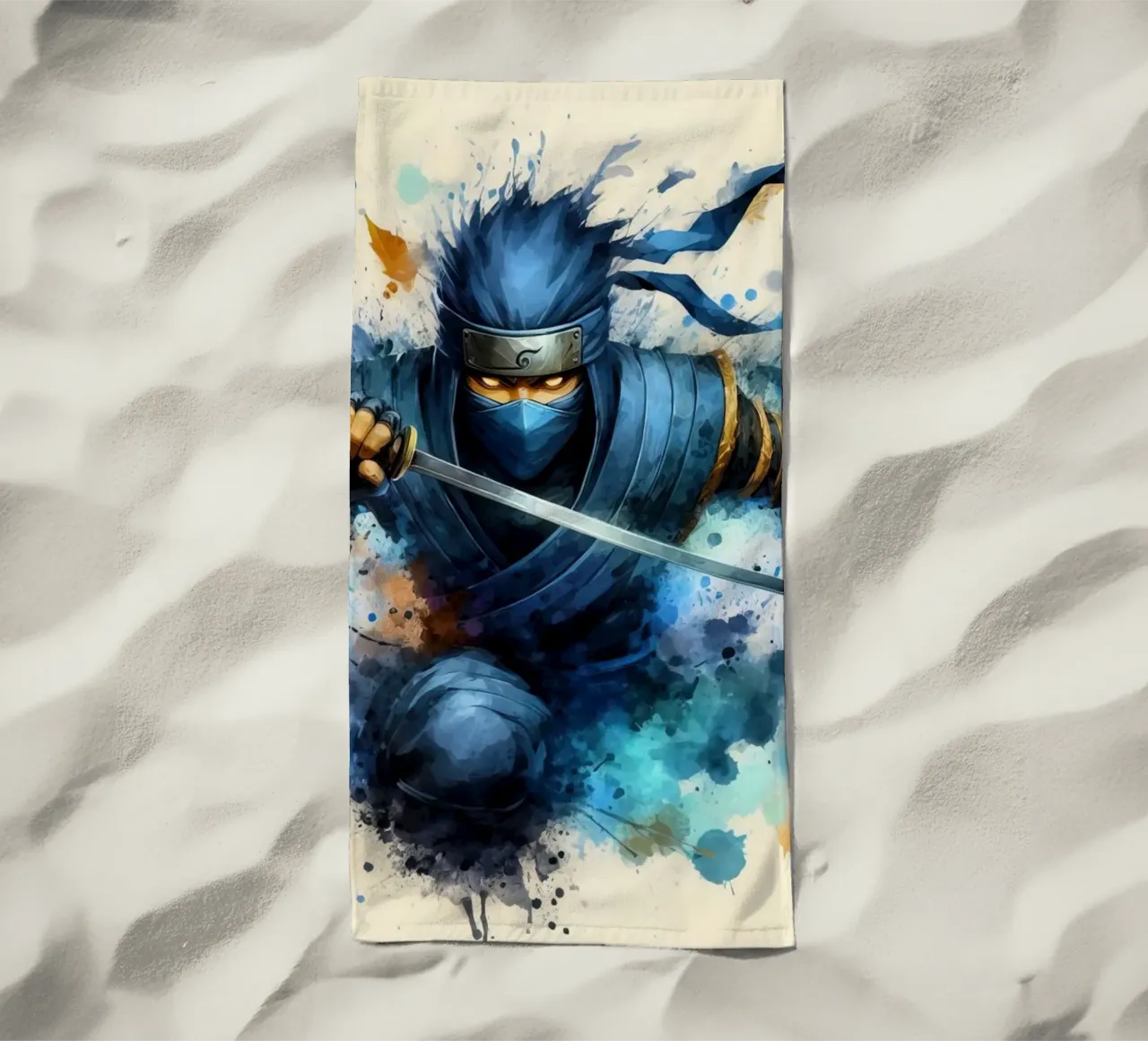 Ninja warrior in watercolor beach towel by 🎁 ARTVI-SHOP