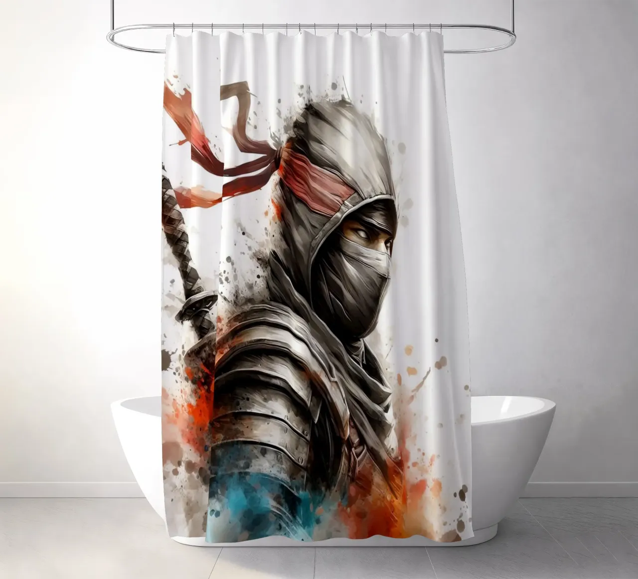 Ninja-Krieger in Aquarell Duschvorhang von 🎁 ARTVI-SHOP