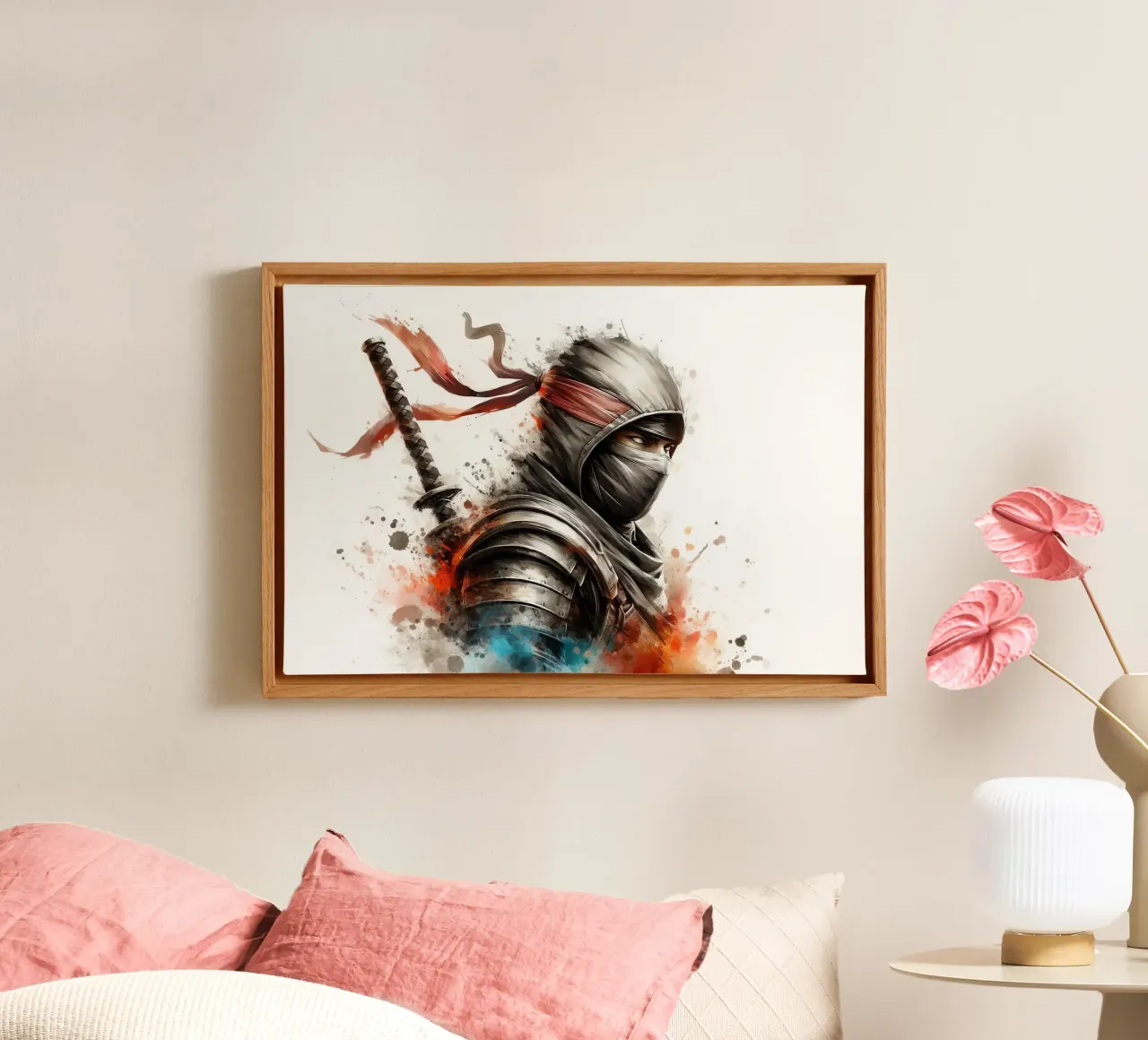 Ninja krijger in aquarel canvas met Baklijst van 🎁 ARTVI-SHOP