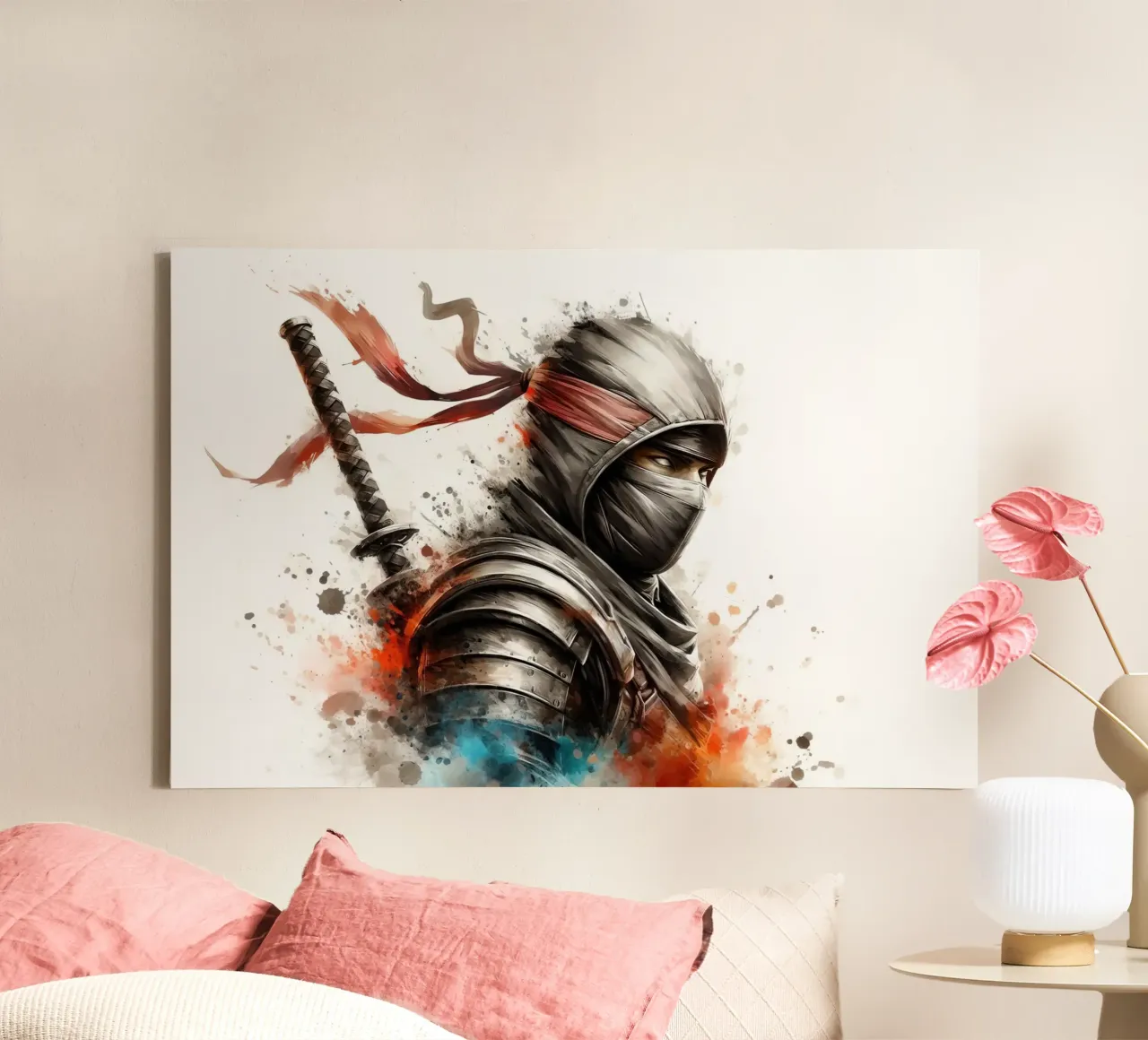 Ninja krijger in aquarel canvas met Baklijst van 🎁 ARTVI-SHOP