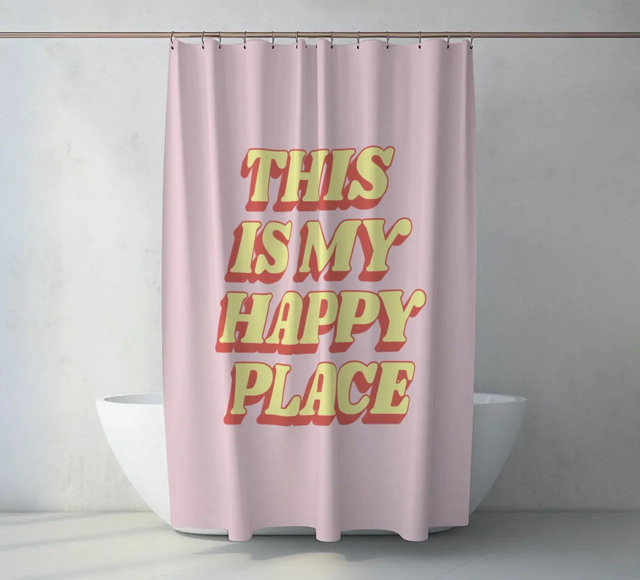 This is My Happy Place - Design tipografico in giallo e rosa tenda da doccia da THE MOTIVATED TYPE