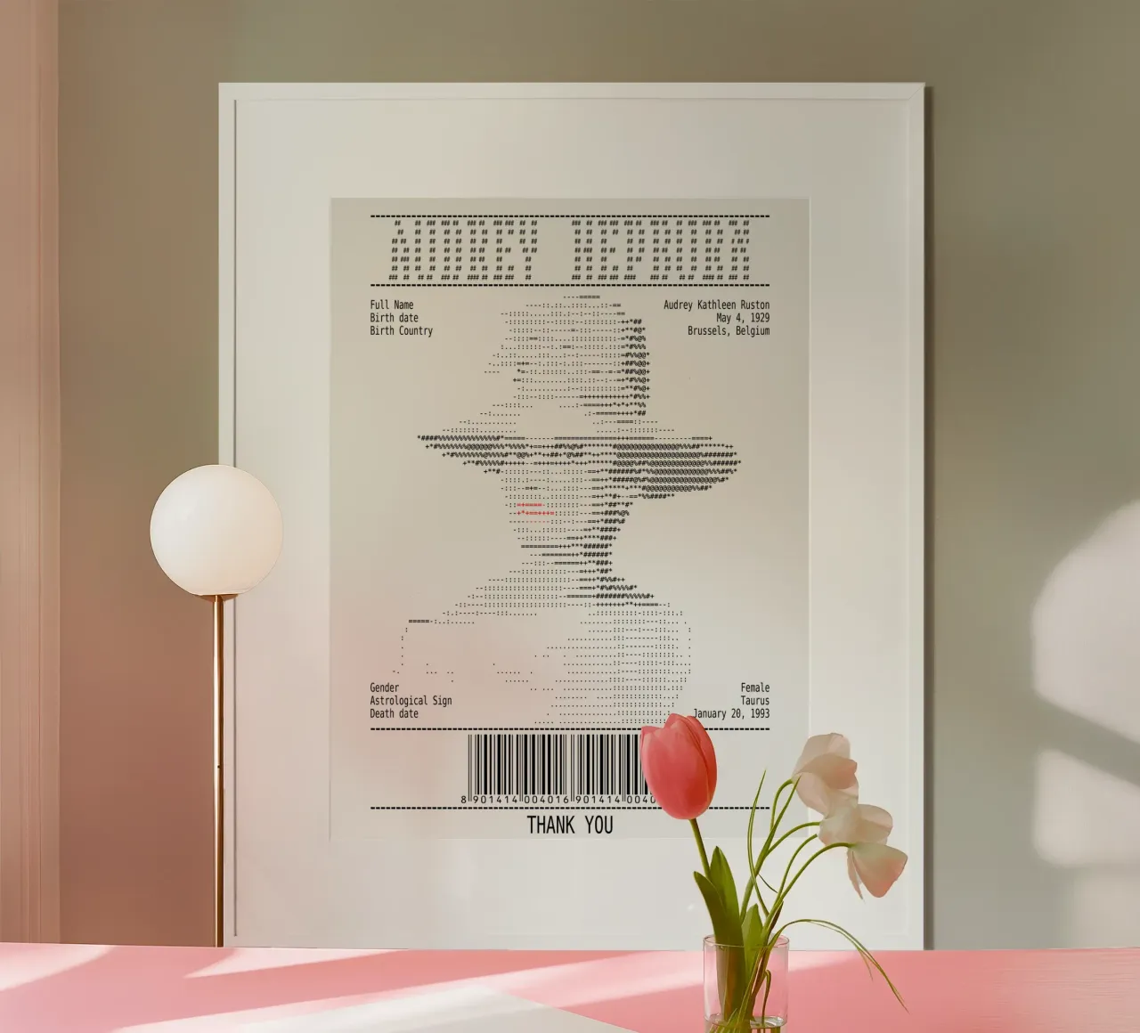 Arte dello scontrino - Audrey Hepburn poster con telaio in alluminio da Doa Project