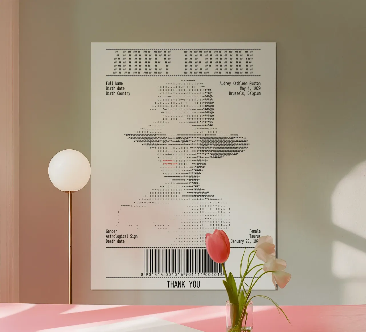 Arte dello scontrino - Audrey Hepburn poster con telaio in alluminio da Doa Project