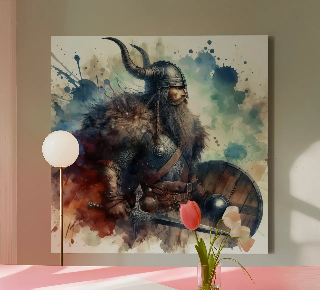 Vikingkrijger in aquarel canvas met Baklijst van 🎁 ARTVI-SHOP
