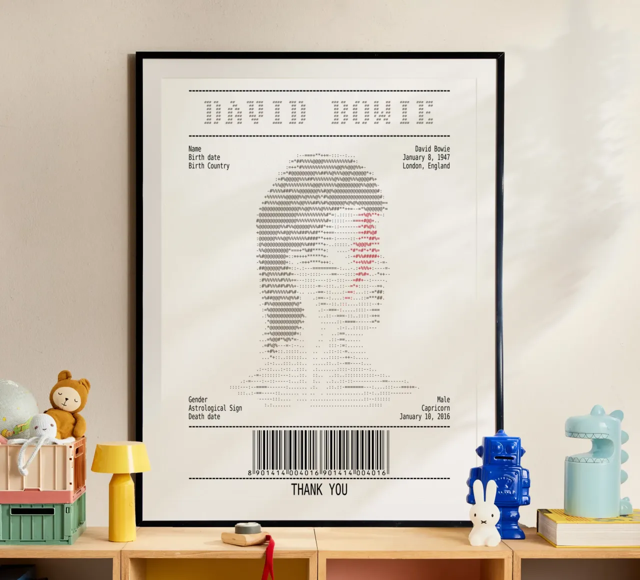 Arte dello scontrino - David Bowie poster con telaio in legno da Doa Project