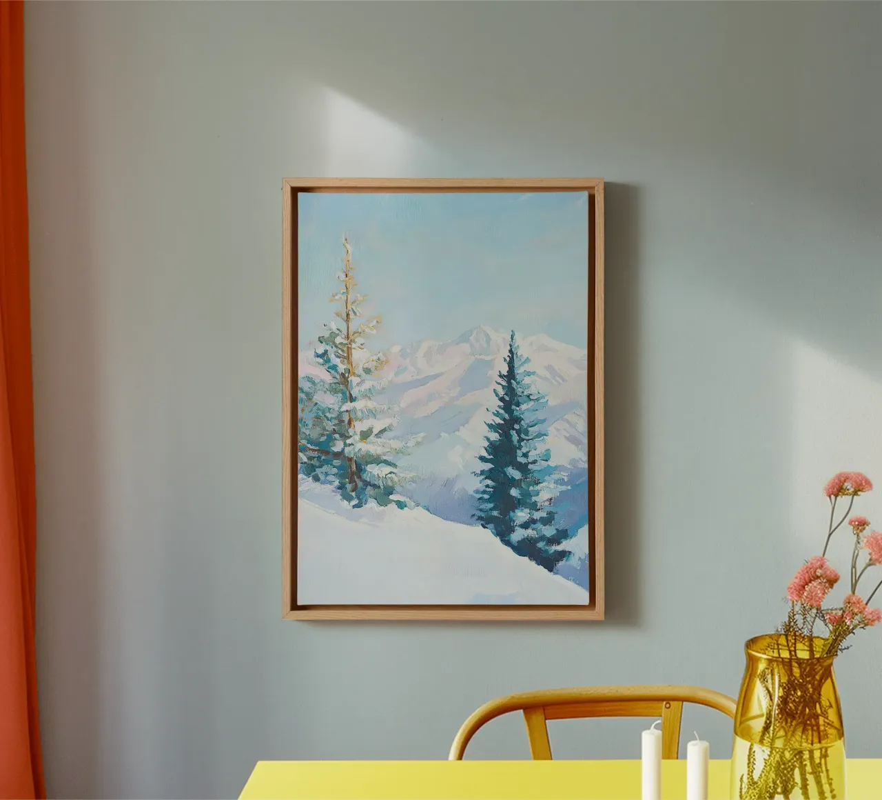 snow impressionism winter mountains fir trees I canvas with Floater frame by Euphoria Theresa