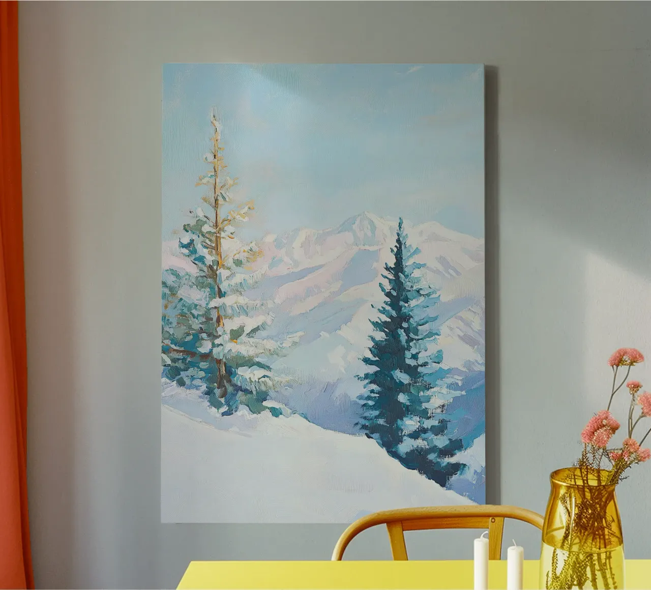 snow impressionism winter mountains fir trees I canvas with Floater frame by Euphoria Theresa