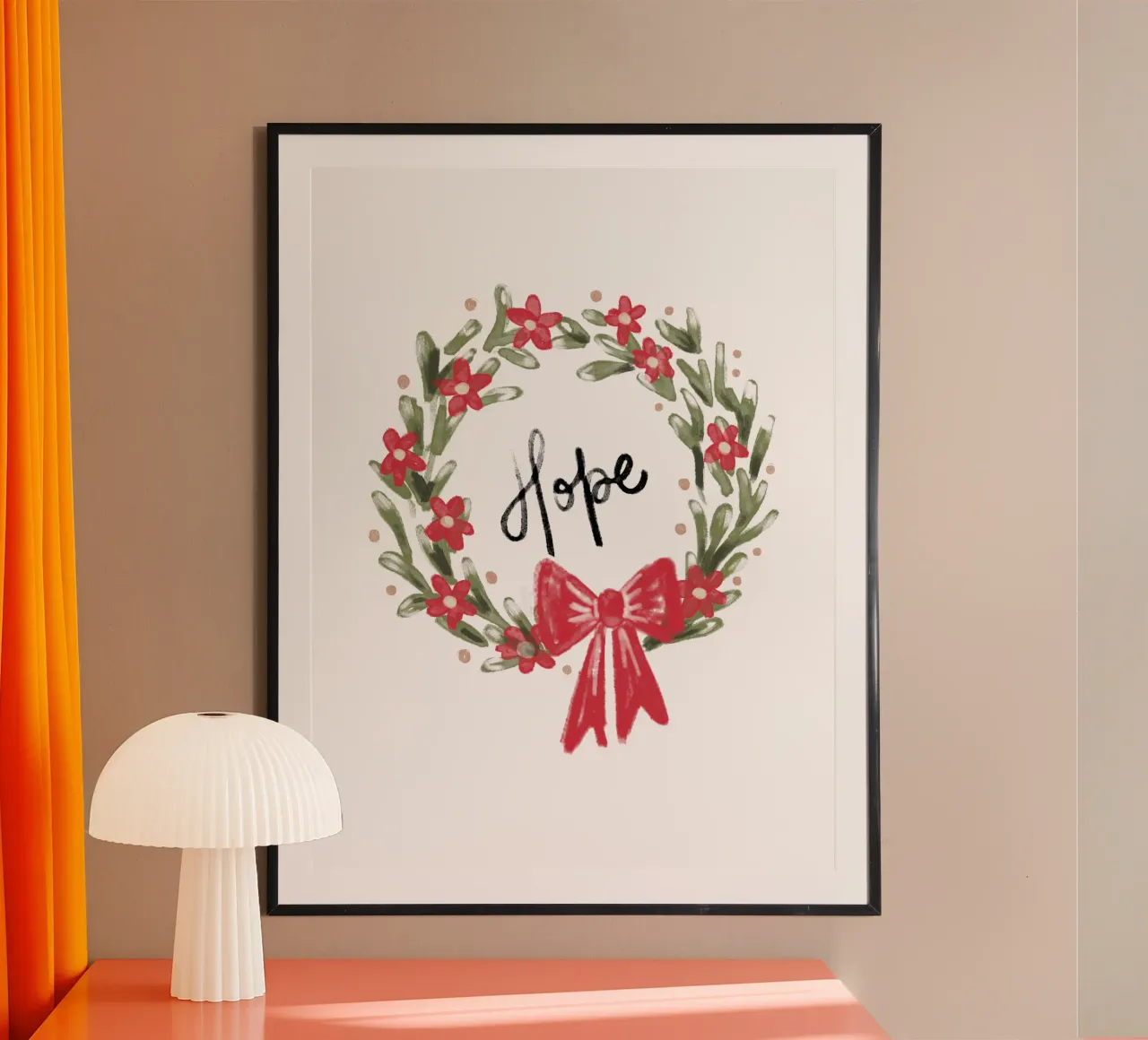Hope - Christmas Wreath with Bow poster con telaio in legno da anisillustration