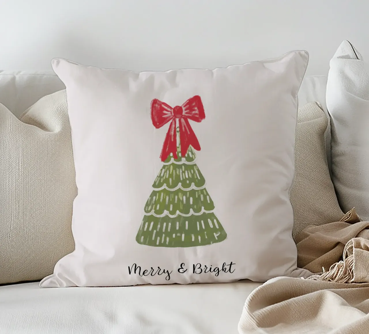 Christmas Pine Tree with red bow and quote cuscino da anisillustration