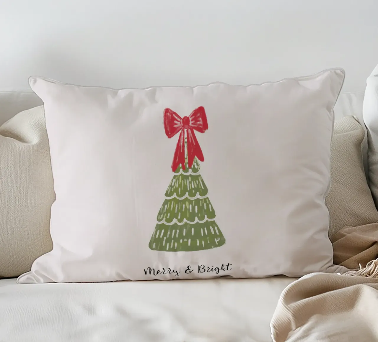 Christmas Pine Tree with red bow and quote cuscino da anisillustration