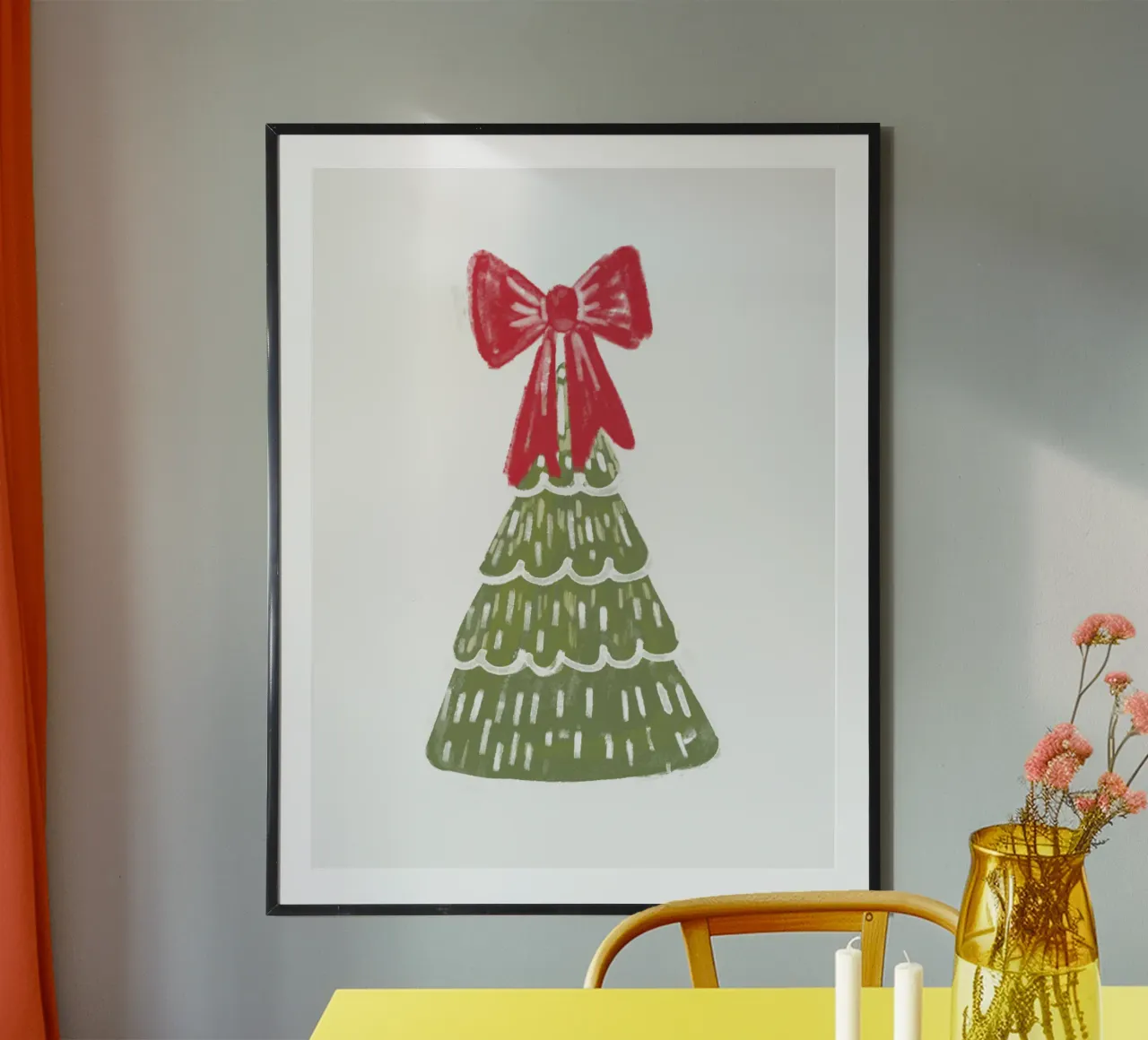 Christmas Pine Tree with red bow carta hahnemühle da anisillustration